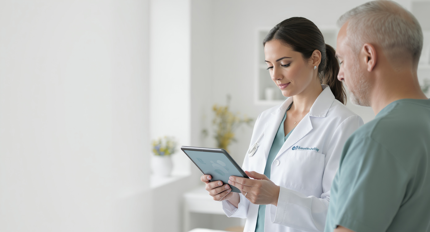 Praxisteam bereitet ein Tablet für die Patienteninformation vor